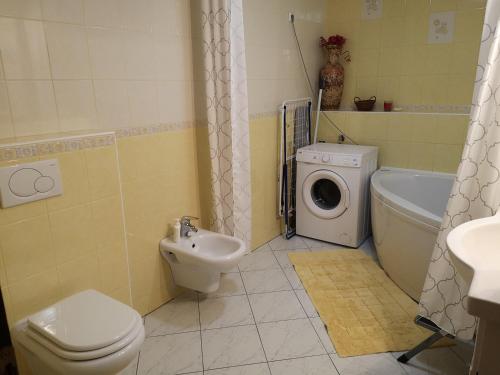uma casa de banho com um WC, um lavatório e uma máquina de lavar roupa em Apartma Juteršek em Libeliče