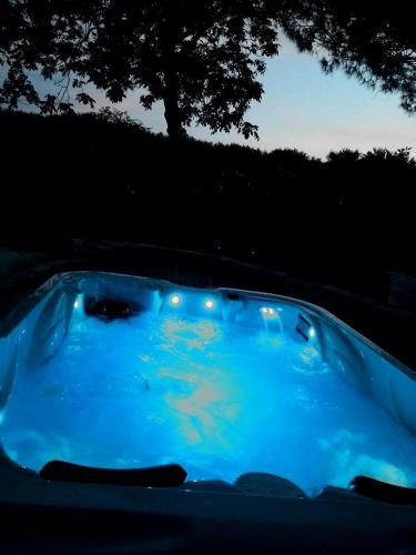 - un bain à remous bleu éclairé dans la cour dans l'établissement Gîte dans une ambiance végétale avec Spa privatif, à Jazennes
