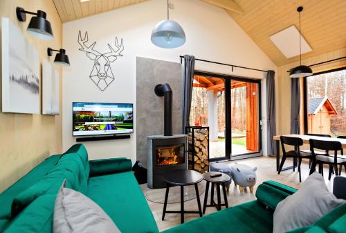 a living room with a green couch and a fireplace at Winiec Family Houses in Winiec