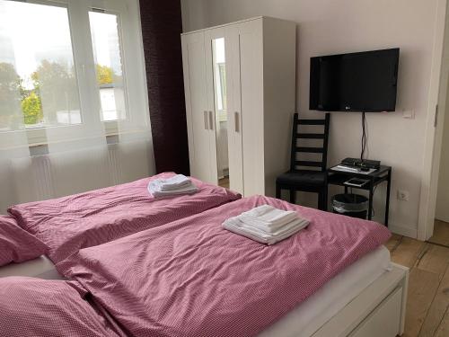 ヒュッケルホーフェンにあるFerienhaus Rurのベッドルーム1室(ピンクのシーツが敷かれたベッド1台、テレビ付)
