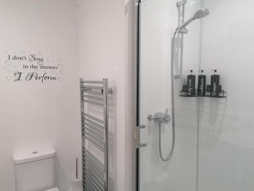 een badkamer met een douche en een toilet bij Luxury Modern 2 Bed Apartment, FREE UNDERCROFT PARKING FOR 1 CAR in Southampton