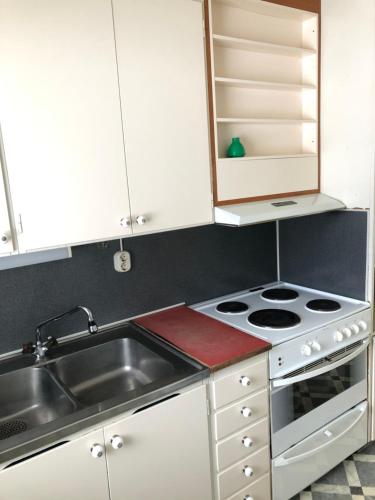 a kitchen with a sink and a stove at Fjällnära Stuga i Jämtland in Svenstavik