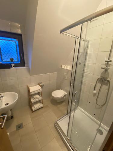 a bathroom with a glass shower and a toilet at Antemurale - Luxury rooms,Plitvice Lakes in Rastovača