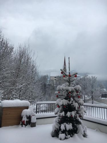 a christmas tree covered in snow in a yard at Apartment Schifta in Chienes
