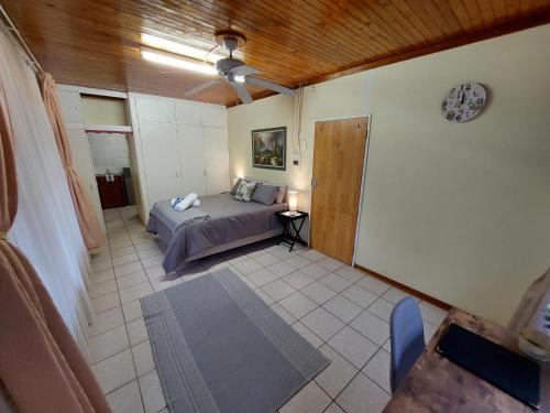 1 dormitorio con 1 cama y ventilador de techo en Floret Cottage en Welkom