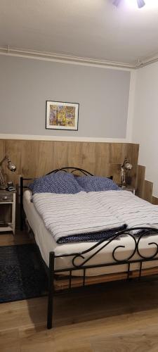 a bed in a bedroom with a picture on the wall at FeWo Harz Haennig 2 in Walkenried