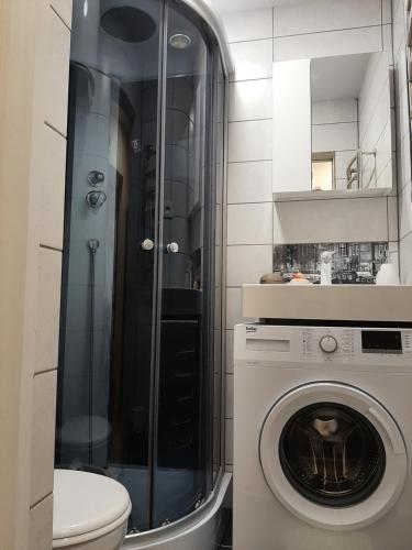 a bathroom with a shower and a washing machine at IR Apartment in Rēzekne