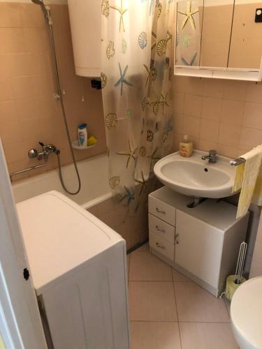 La salle de bains est pourvue d'un lavabo et d'un rideau de douche. dans l'établissement BB apartman, à Harkány