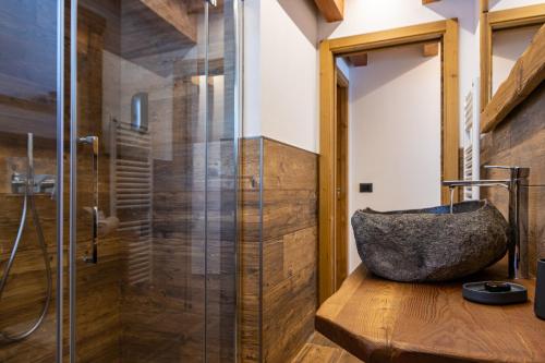 uma casa de banho com um lavatório de pedra e um chuveiro em Nido del Brenta em Madonna di Campiglio