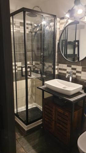 La salle de bains est pourvue d'une douche et d'un lavabo blanc. dans l'établissement Studio proche plage, Fréjus, à Fréjus