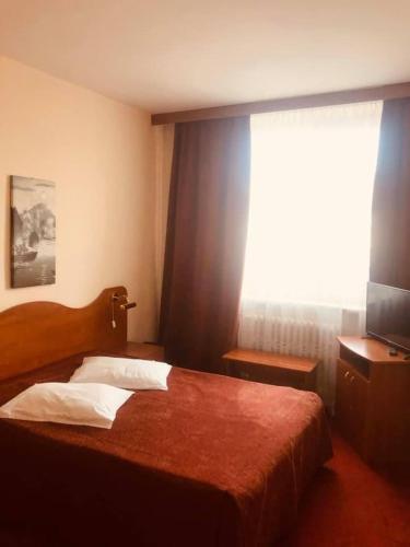 a hotel room with a bed and a window at HOTEL MUNTENIA in Campina