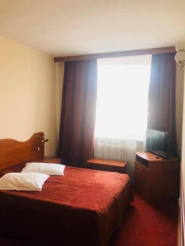 a bedroom with a bed and a window with a television at HOTEL MUNTENIA in Campina