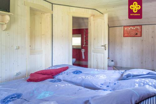 a bedroom with a large bed with blue sheets at Kitica house in Verkhovyna