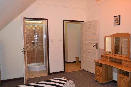 a bathroom with a shower and a sink and a mirror at Willa Stodoła in Miłomłyn