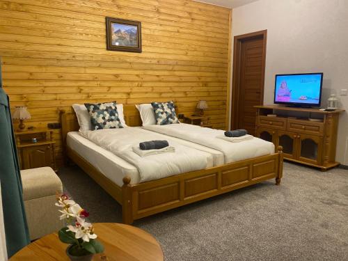 ein Schlafzimmer mit einem großen Bett und einem TV in der Unterkunft Luxury private studio in Green Life Bansko in Bansko