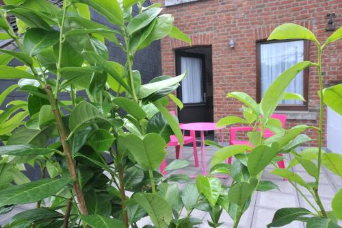 a garden with a pink stool in front of a brick building at Hôtel du Perron in Theux