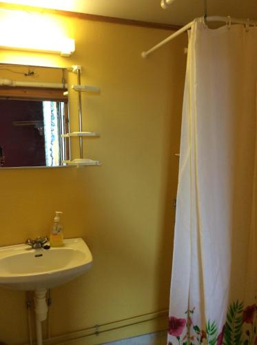 a bathroom with a sink and a shower curtain at Hotel Repvåg in Repvåg
