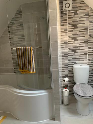 a bathroom with a toilet and a glass shower at 2 Bedroom duplex apartment in Bawtry