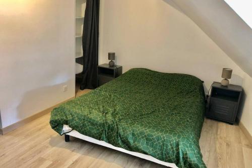 een slaapkamer met een groen bed met twee nachtkastjes bij Appartement centre ville in Châteauroux