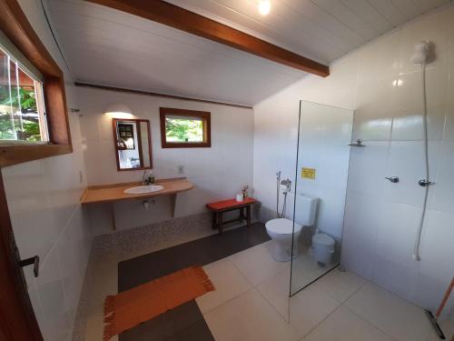 a bathroom with a shower and a toilet and a sink at Pousada Refazenda - Milho Verde in Milho Verde