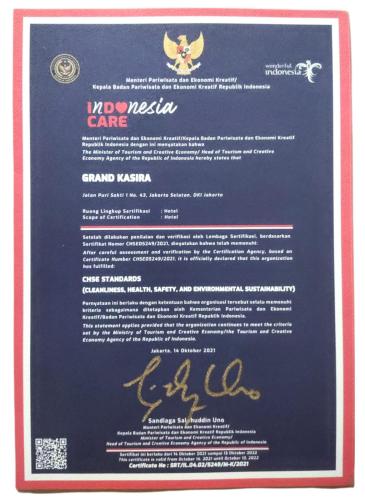 Certifikát, hodnocení, plakát nebo jiný dokument vystavený v ubytování Grand Kasira