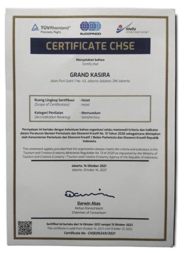 Certifikát, hodnocení, plakát nebo jiný dokument vystavený v ubytování Grand Kasira