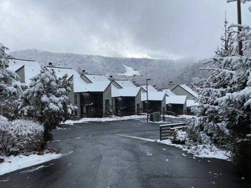 a snow covered street in a village with houses at Two bedroom mountain condo, 2 minutes from ski resort, pool and clubhouse onsite ! in Gatlinburg