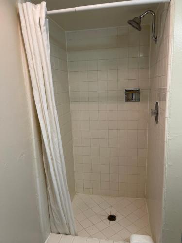 a bathroom with a shower with a shower curtain at Travel Inn in South Lake Tahoe