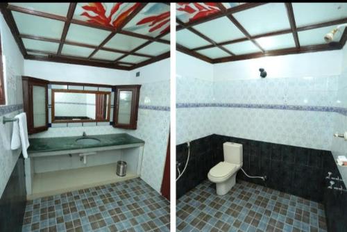 two pictures of a bathroom with a toilet and a sink at Krishna Kailas in Guruvāyūr
