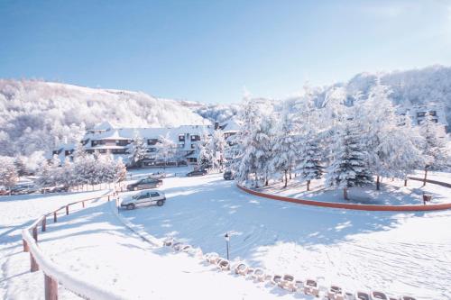 a street covered in snow with a car parked at Guesthouse Junior in Kopaonik
