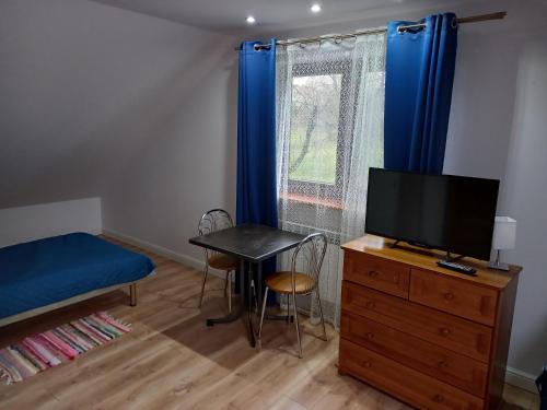 Schlafzimmer mit einem Bett und einem Schreibtisch mit einem TV in der Unterkunft Mroczkówka in Dębowiec