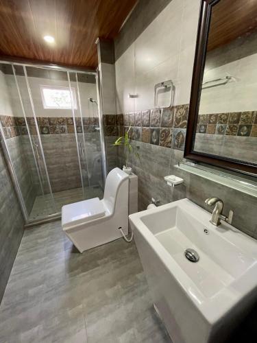 a bathroom with a sink and a shower and a toilet at Daddy's Guest Adam's Peak in Nallathanniya