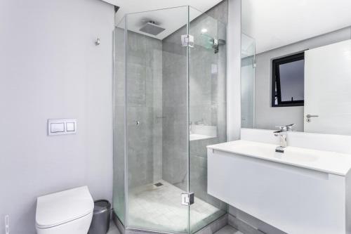 La salle de bains est pourvue d'une douche, d'un lavabo et de toilettes. dans l'établissement Luxurious 16 on Bree Studio Apartment - Harbour Views, au Cap