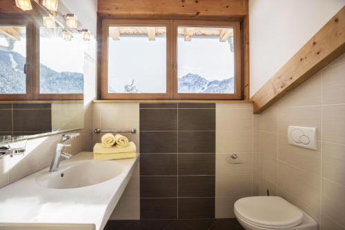 a bathroom with a sink and a toilet and windows at Runcac Apt Gomina in San Vigilio Di Marebbe