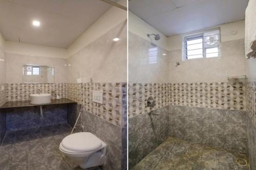 - deux photos d'une salle de bains avec toilettes et douche dans l'établissement HOTEL SRIRAMA INN, à Gachibowli