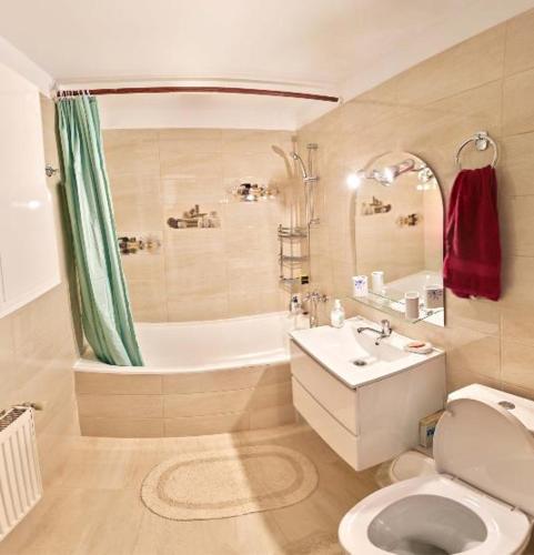 y baño con bañera, aseo y lavamanos. en Apartament 2 camere cu loc de parcare en Cluj-Napoca