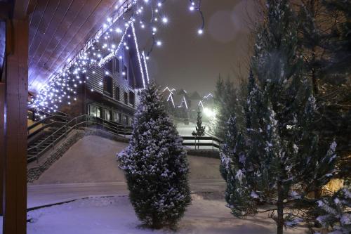 a christmas tree in front of a building with lights at Bukovel Hotel in Bukovel