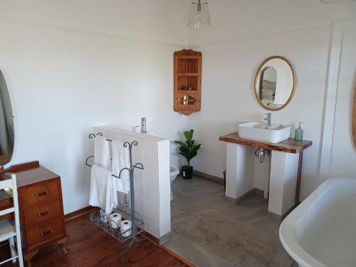 ein Badezimmer mit Waschbecken, Toilette und Spiegel in der Unterkunft Yardley Cottage in Colesberg