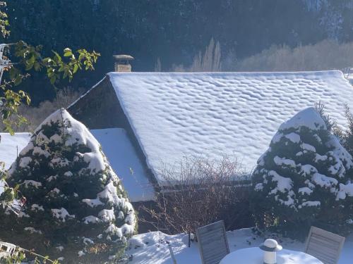 two christmas trees in front of a house with snow at Casa Rural Pirineu Nevà in Nevà
