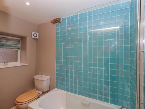 ein Badezimmer mit einem WC und einer grün gefliesten Wand in der Unterkunft Rose Cottage in Penrith
