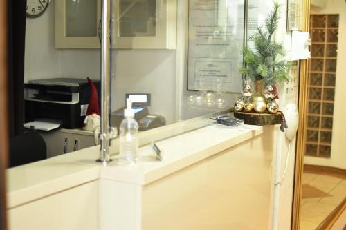 a bathroom counter with a sink and a mirror at Hotel Dąbrowiak in Dąbrowa Górnicza