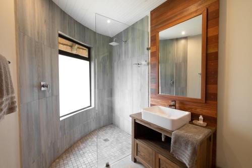 La salle de bains est pourvue d'un lavabo et d'un miroir. dans l'établissement Rhino River Lodge, à Manyoni Private Game Reserve