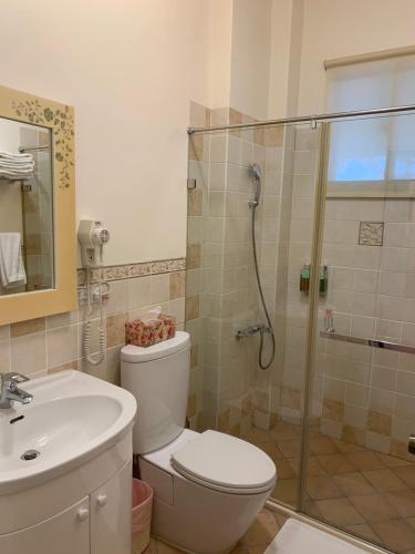a bathroom with a shower and a toilet and a sink at POP B&B in Dayin