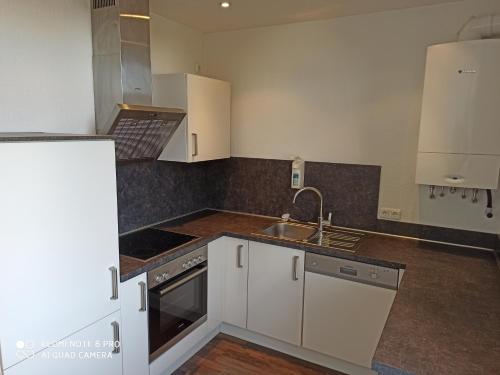 a kitchen with white cabinets and a sink at Sky Night City Appartment in Düren - Eifel