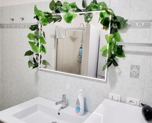 a bathroom with a sink and a mirror with a plant at GUEST HOLIDAY BARI in Reggio Emilia