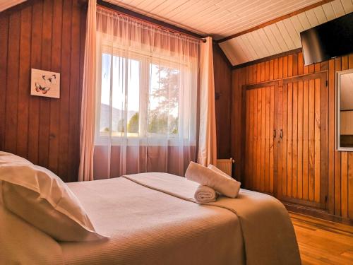 a bedroom with a large bed with a window at La Nuez BnB in Pucón