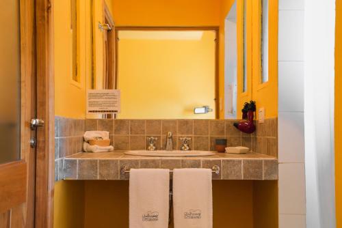 uma casa de banho com lavatório, espelho e toalhas em Challhuaquen Lodge em Trevelin