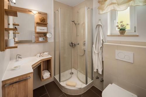 ein Bad mit einer Dusche, einem WC und einem Waschbecken in der Unterkunft Aparthotel Christine in Bad Füssing