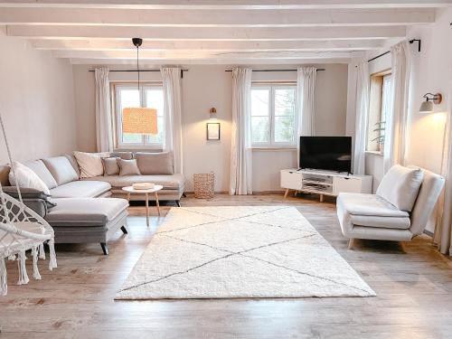 a living room with a couch and a tv at FLYGGE Apartments in Altusried