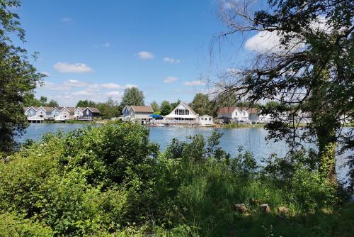 a view of a lake with houses in the background at Lapwing Lake Lodge in Cirencester